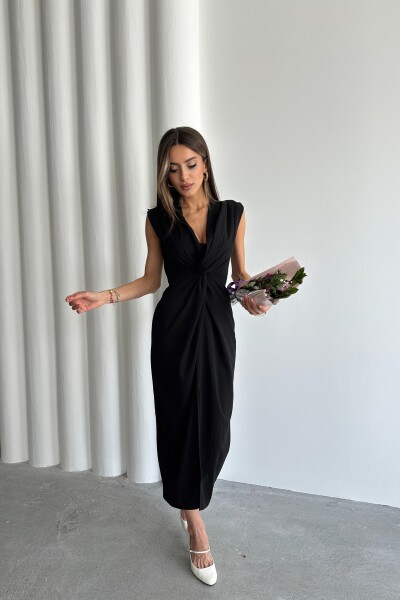Beli Düğüm Detaylı Yırtmaçlı Elbise - Siyah - MAT Collection