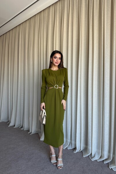 Beli Kesik Toka Detaylı Vatkalı Yırtmaçlı Elbise - Olive - MAT Collection