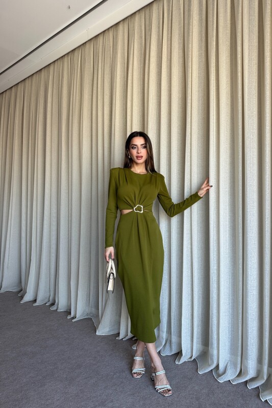 Beli Kesik Toka Detaylı Vatkalı Yırtmaçlı Elbise - Olive - 3