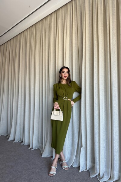 Beli Kesik Toka Detaylı Vatkalı Yırtmaçlı Elbise - Olive - 4