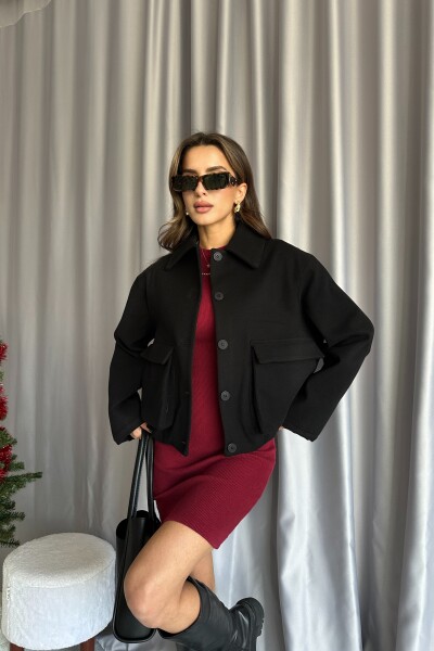 Beli Lastikli Astarlı Oversize Kaşe Ceket - Siyah - MAT Collection