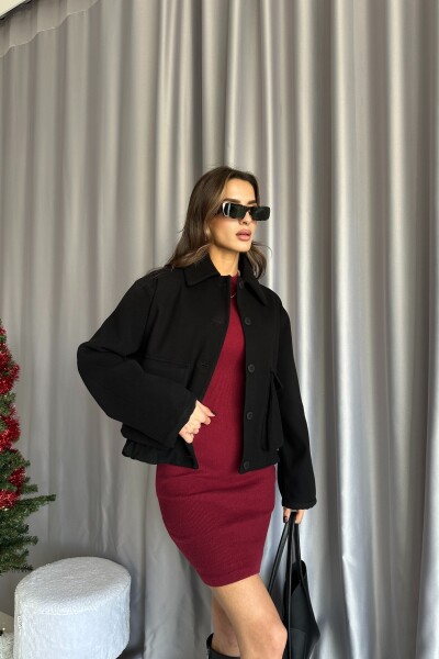 Beli Lastikli Astarlı Oversize Kaşe Ceket - Siyah - 2