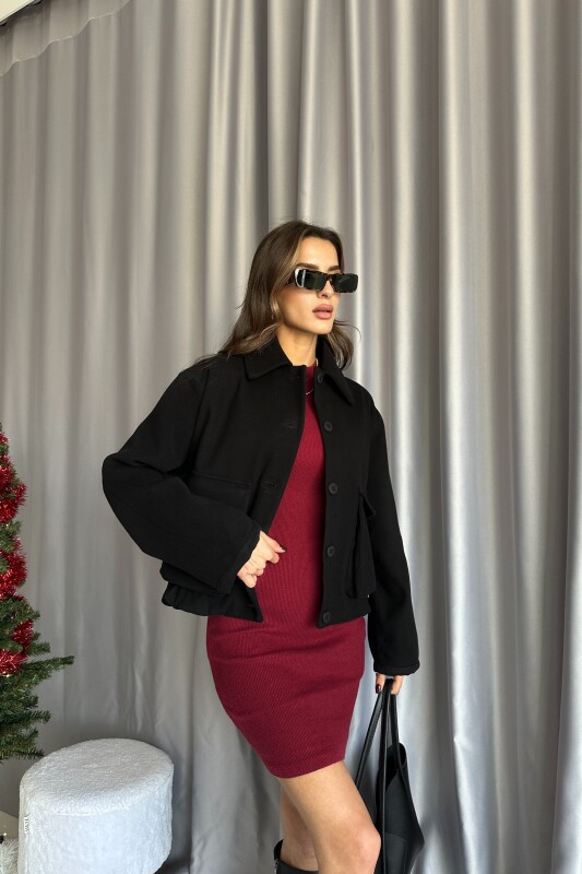 Beli Lastikli Astarlı Oversize Kaşe Ceket - Siyah - 2