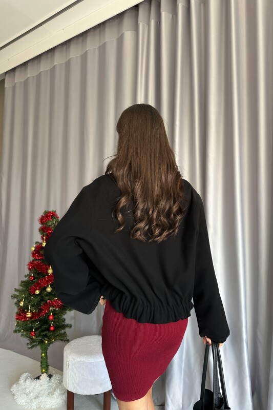 Beli Lastikli Astarlı Oversize Kaşe Ceket - Siyah - 6
