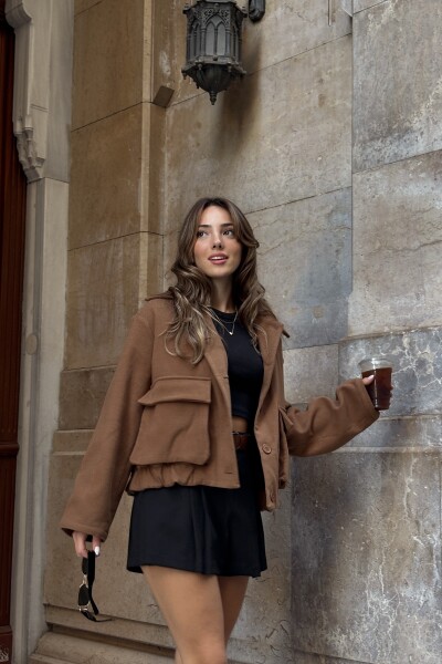 Beli Lastikli Astarlı Oversize Kaşe Ceket - Sütlü Kahve - MAT Collection
