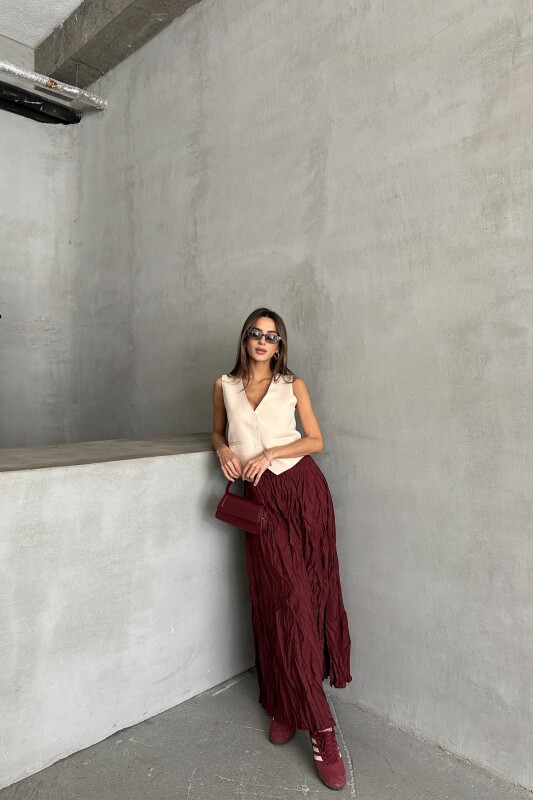 Beli Lastikli Kraş Etek - Bordo - 3