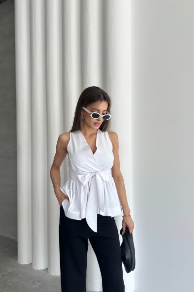 Beli Lastikli Kuşaklı Bluz - Beyaz - 2