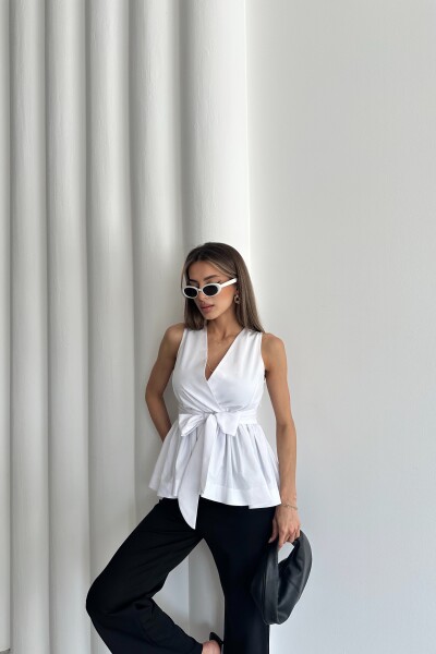 Beli Lastikli Kuşaklı Bluz - Beyaz - 4