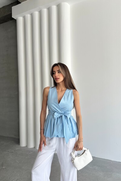 Beli Lastikli Kuşaklı Bluz - Mavi - MAT Collection