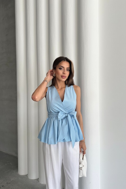 Beli Lastikli Kuşaklı Bluz - Mavi - 2