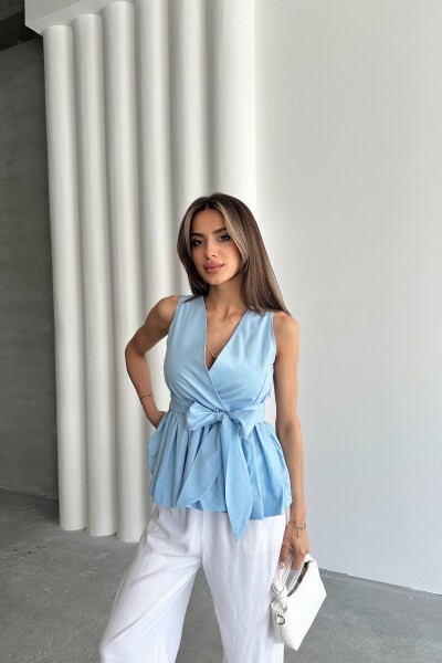 Beli Lastikli Kuşaklı Bluz - Mavi - 3