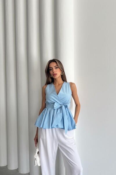 Beli Lastikli Kuşaklı Bluz - Mavi - 4