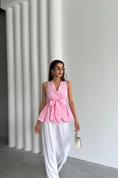 Beli Lastikli Kuşaklı Bluz - Pembe - MAT Collection