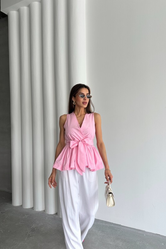 Beli Lastikli Kuşaklı Bluz - Pembe - 1