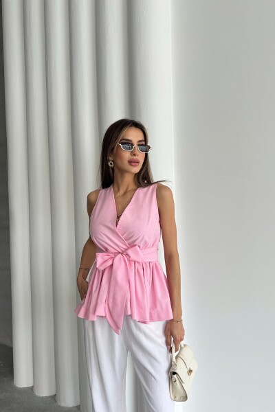 Beli Lastikli Kuşaklı Bluz - Pembe - 2