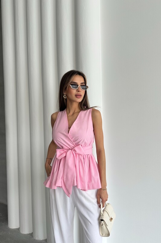 Beli Lastikli Kuşaklı Bluz - Pembe - 2