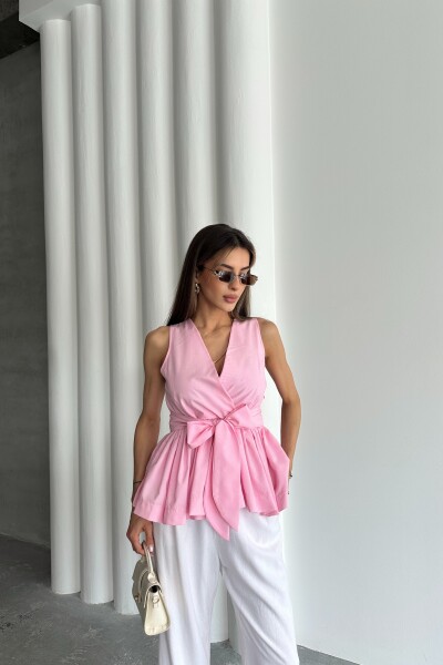 Beli Lastikli Kuşaklı Bluz - Pembe - 3