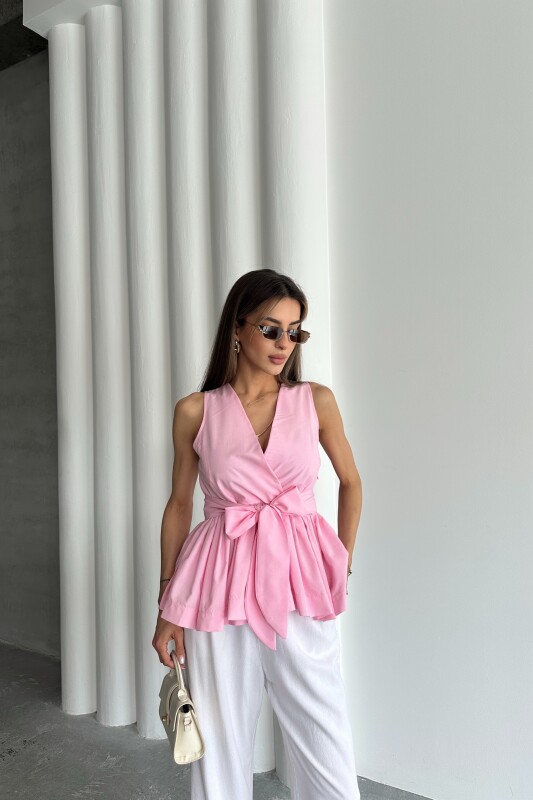 Beli Lastikli Kuşaklı Bluz - Pembe - 3