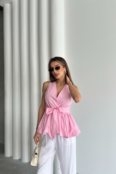 Beli Lastikli Kuşaklı Bluz - Pembe - 4