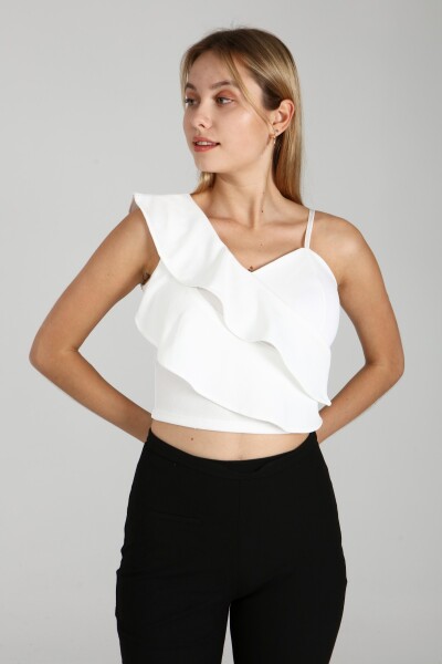 Beyaz Askılı Tek Omuzu Fırfırlı Crop Bluz - MAT Collection