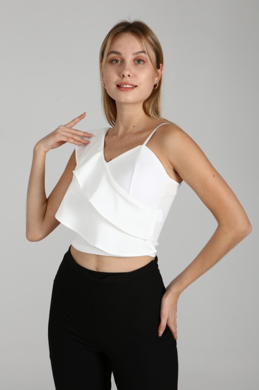 Beyaz Askılı Tek Omuzu Fırfırlı Crop Bluz - 2