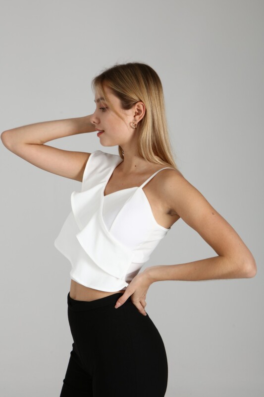 Beyaz Askılı Tek Omuzu Fırfırlı Crop Bluz - 3
