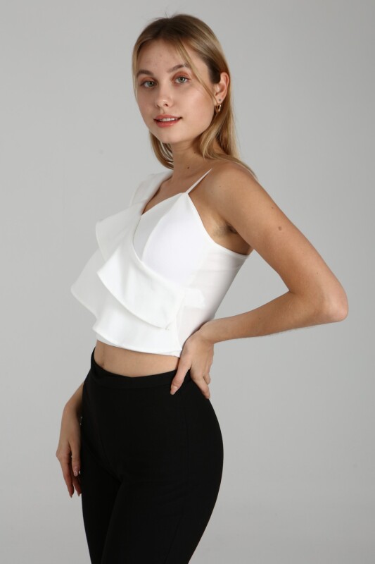 Beyaz Askılı Tek Omuzu Fırfırlı Crop Bluz - 4