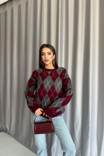 Bisiklet Yaka Baklava Desenli Kazak - Bordo - MAT Collection