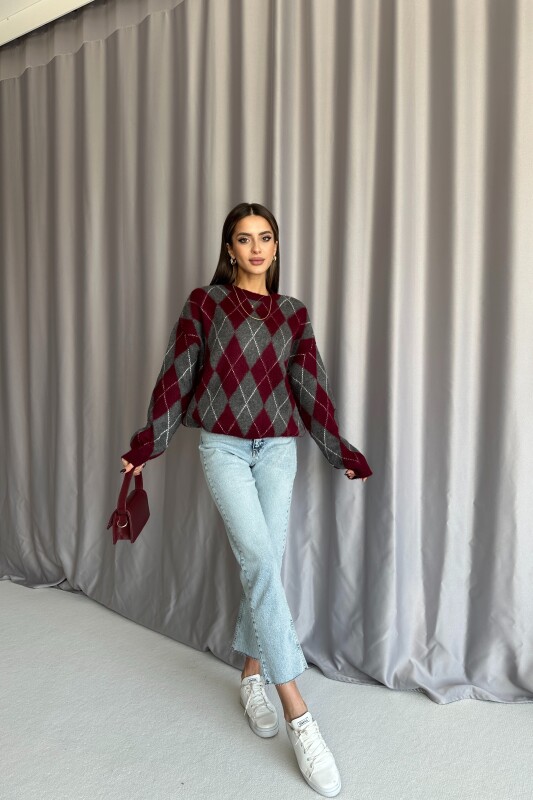 Bisiklet Yaka Baklava Desenli Kazak - Bordo - 4