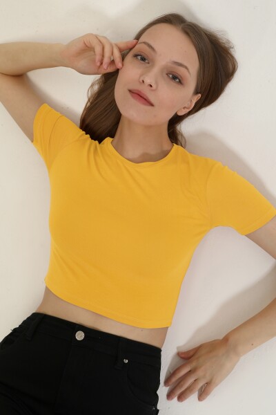 Bisiklet Yaka Basic Crop T-shirt - Hardal - MAT Collection