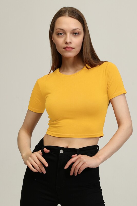 Bisiklet Yaka Basic Crop T-shirt - Hardal - 2