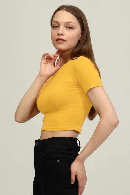 Bisiklet Yaka Basic Crop T-shirt - Hardal - 3