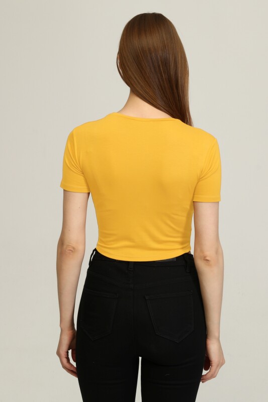 Bisiklet Yaka Basic Crop T-shirt - Hardal - 4