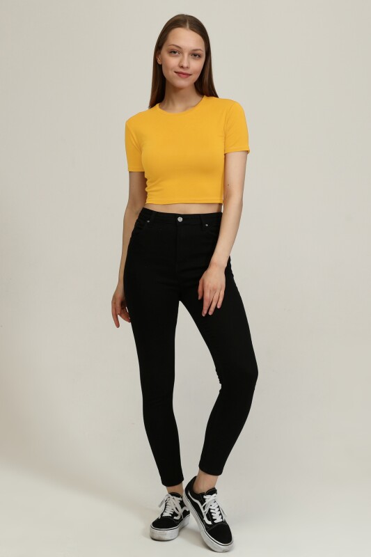 Bisiklet Yaka Basic Crop T-shirt - Hardal - 5