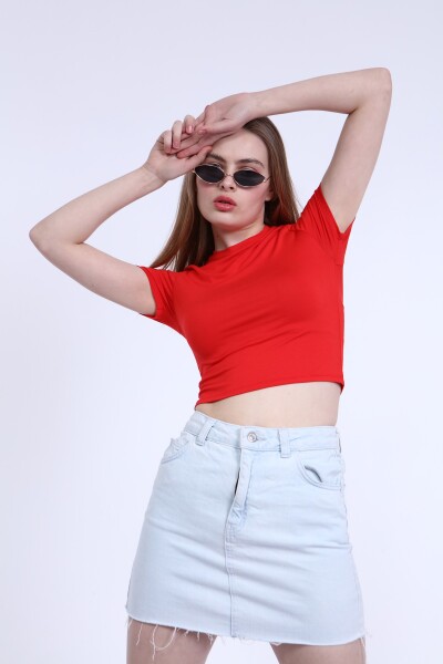 Bisiklet Yaka Basic Crop T-shirt - Kırmızı - MAT Collection