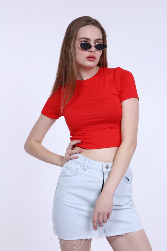 Bisiklet Yaka Basic Crop T-shirt - Kırmızı - 2