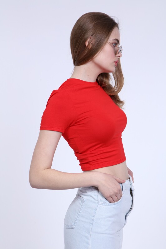 Bisiklet Yaka Basic Crop T-shirt - Kırmızı - 3
