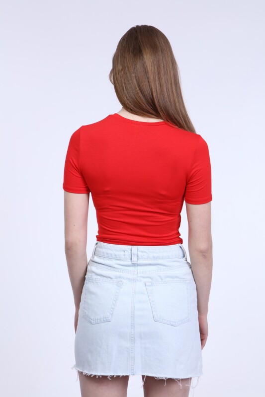 Bisiklet Yaka Basic Crop T-shirt - Kırmızı - 4