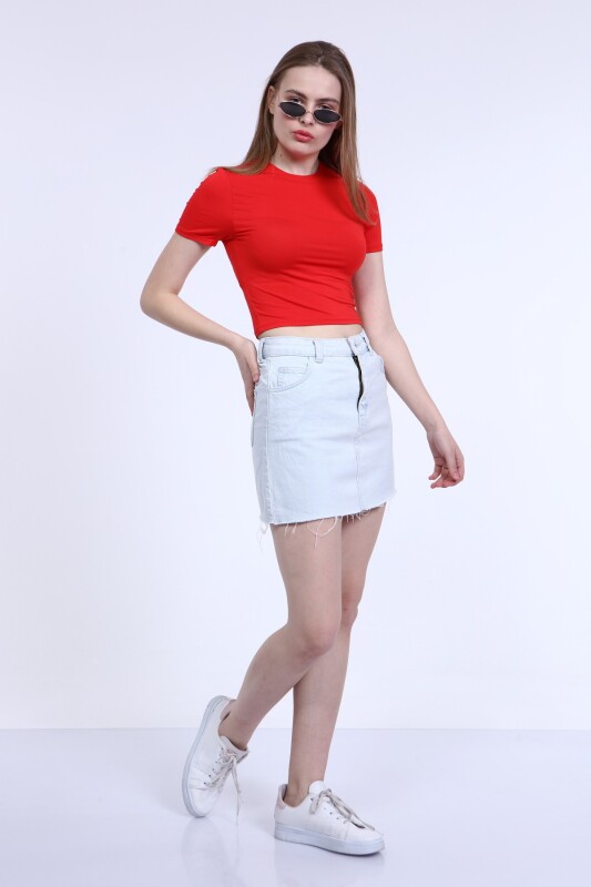 Bisiklet Yaka Basic Crop T-shirt - Kırmızı - 5