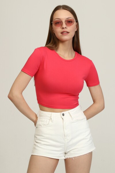 Bisiklet Yaka Basic Crop T-shirt - Pembe - MAT Collection