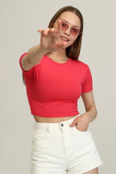 Bisiklet Yaka Basic Crop T-shirt - Pembe - 2