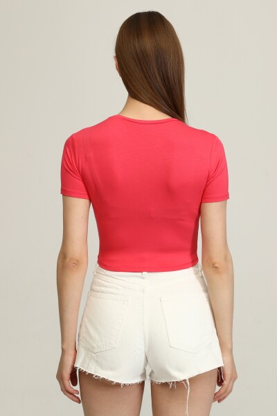 Bisiklet Yaka Basic Crop T-shirt - Pembe - 4