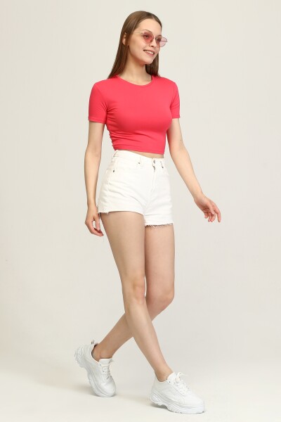 Bisiklet Yaka Basic Crop T-shirt - Pembe - 5