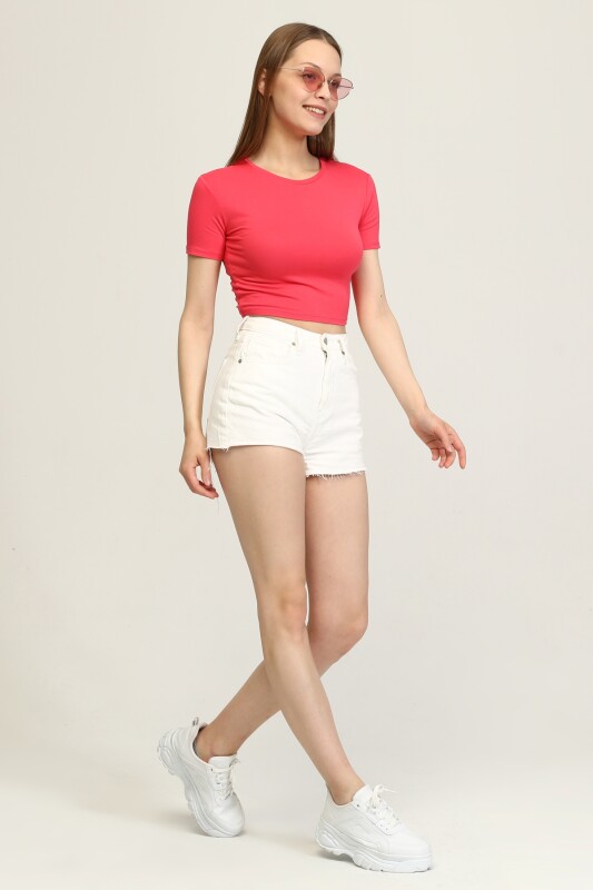Bisiklet Yaka Basic Crop T-shirt - Pembe - 5