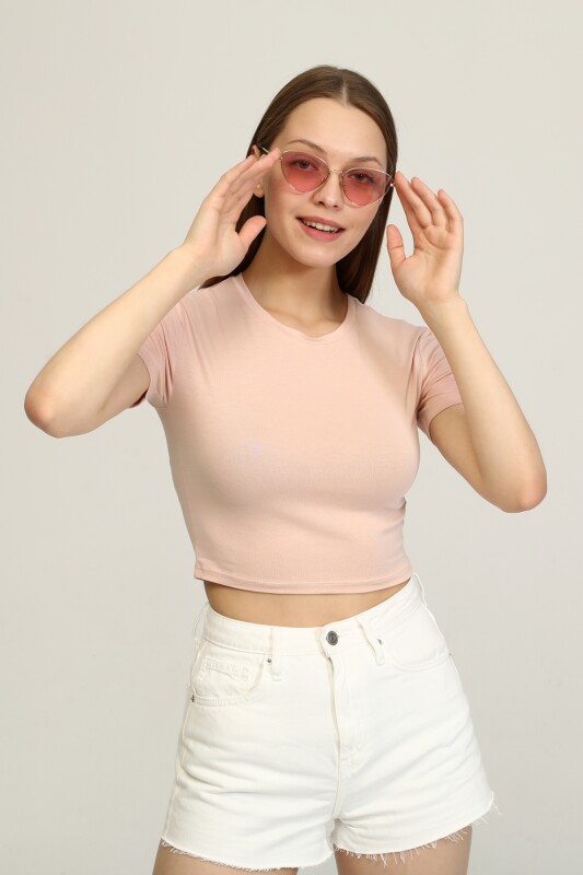 Bisiklet Yaka Basic Crop T-shirt - Pudra - 2