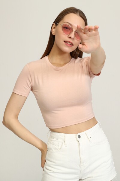 Bisiklet Yaka Basic Crop T-shirt - Pudra - MAT Collection