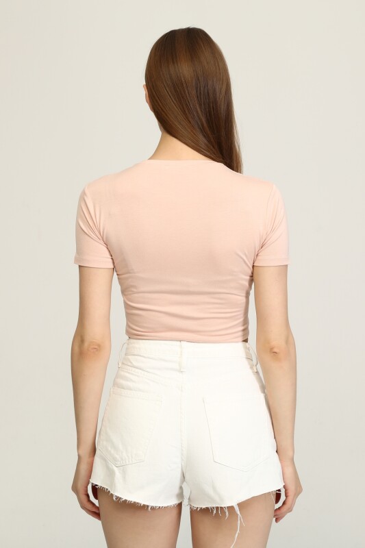 Bisiklet Yaka Basic Crop T-shirt - Pudra - 5