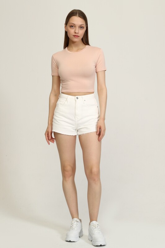 Bisiklet Yaka Basic Crop T-shirt - Pudra - 6