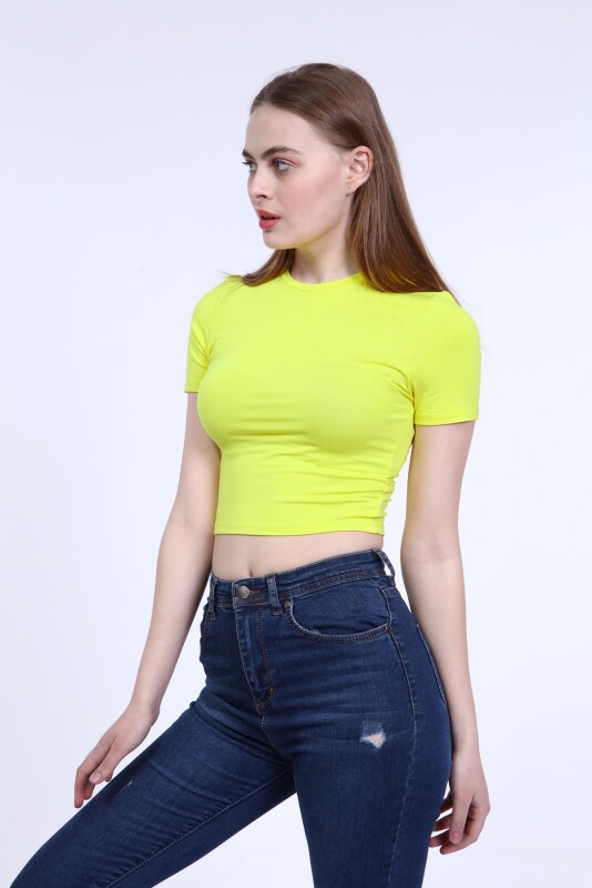 Bisiklet Yaka Basic Crop T-Shirt - Sarı - 2