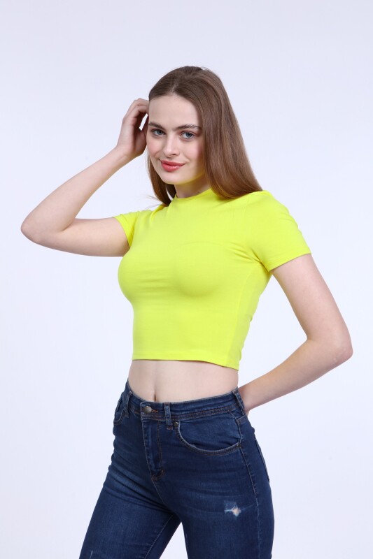 Bisiklet Yaka Basic Crop T-Shirt - Sarı - 4